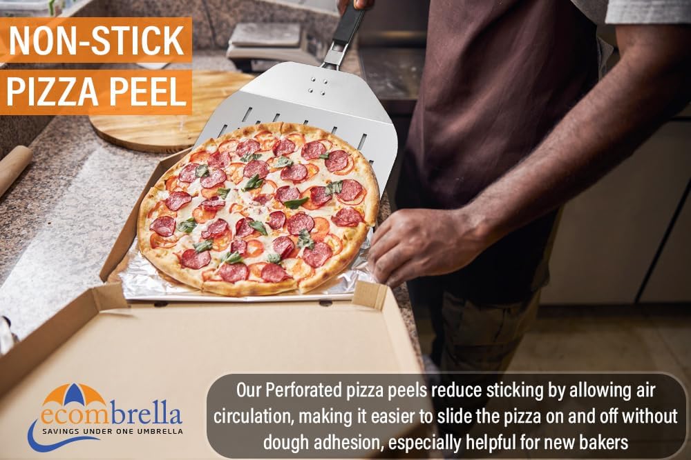 Perforated Pizza Peel 12 Inch with Foldable Handle – Stainless Steel Folding Pizza Peel with Anti-Fall Backstep – Non Stick Pizza Paddle for Effortless Transfer - Rust-Proof Perforated Peel