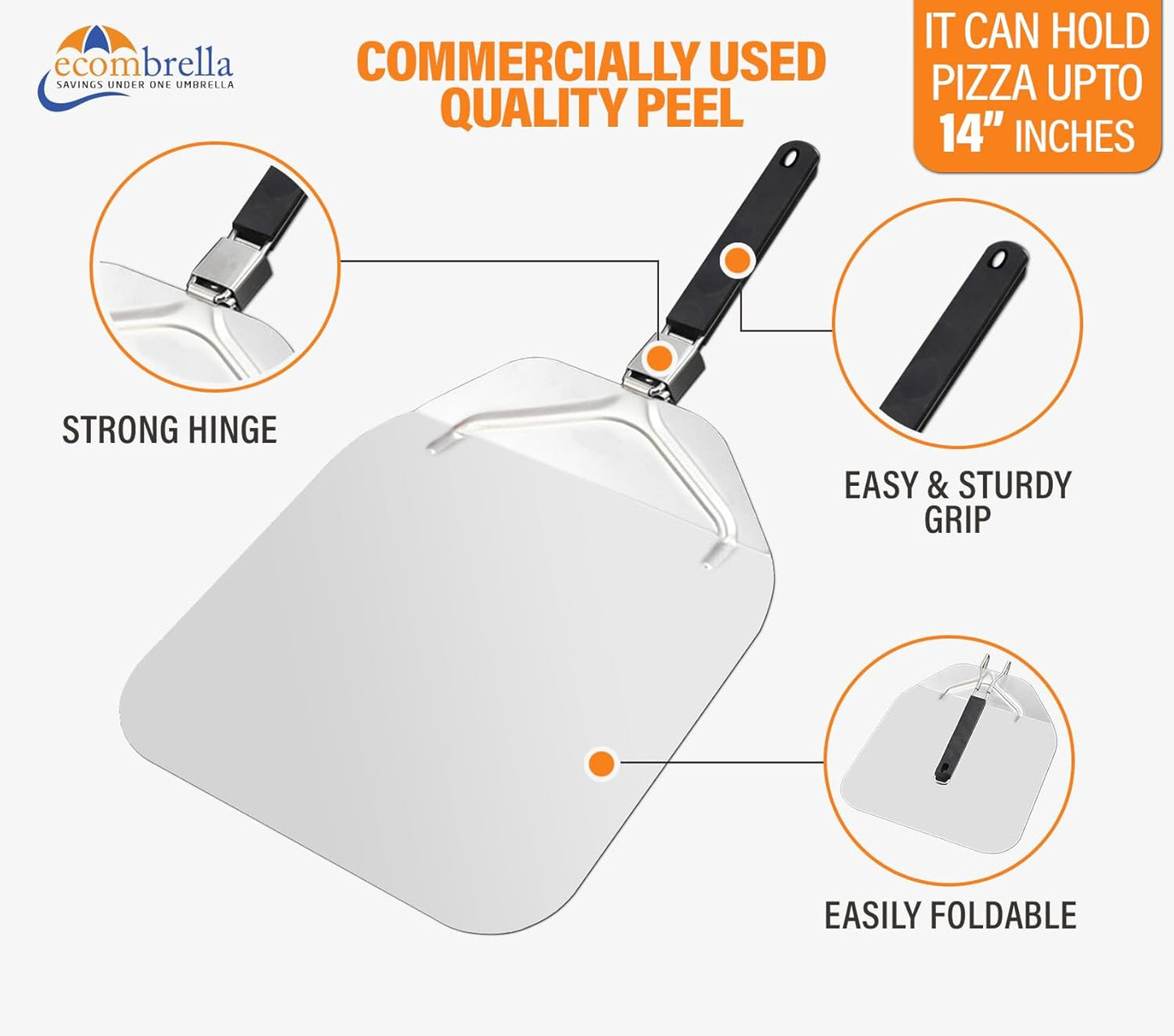 ECOMBRELLA Pizza Peel 12.5 x 14 Inch with Foldable Handle – Metal Folding Pizza Peel with Anti-Fall Backstep – Non Stick Pizza Paddle for Effortless Transfer - Rust Proof