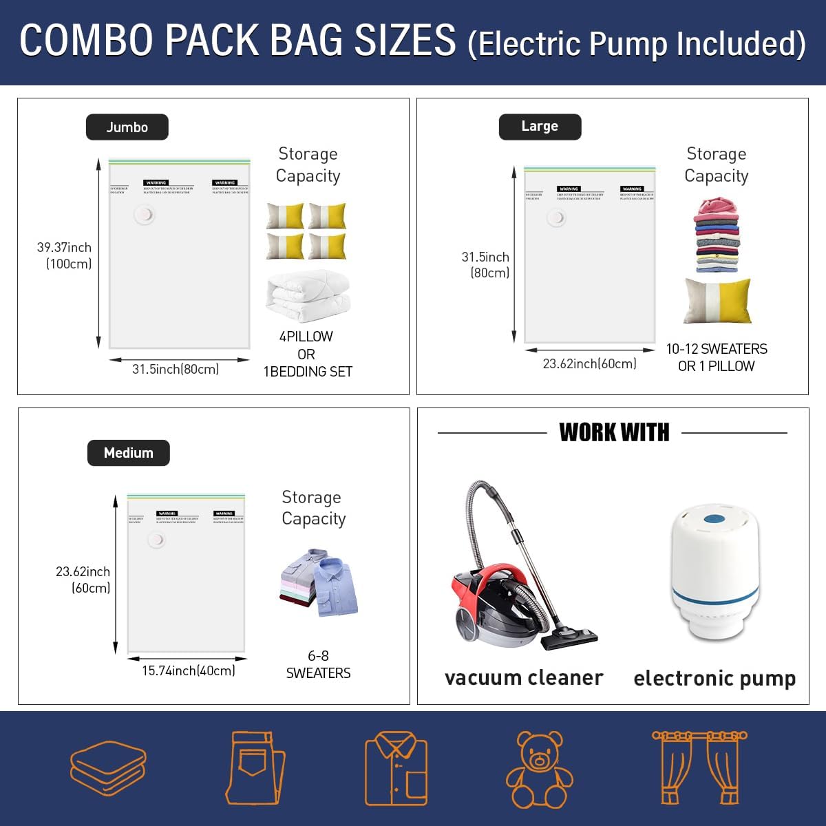 Vacuum Storage Bags with Electric Pump – Pack of 8 Compression Bags for Clothes, Travel & Moving – Vacuum Sealer Bags for Clothes Organizer & Storage