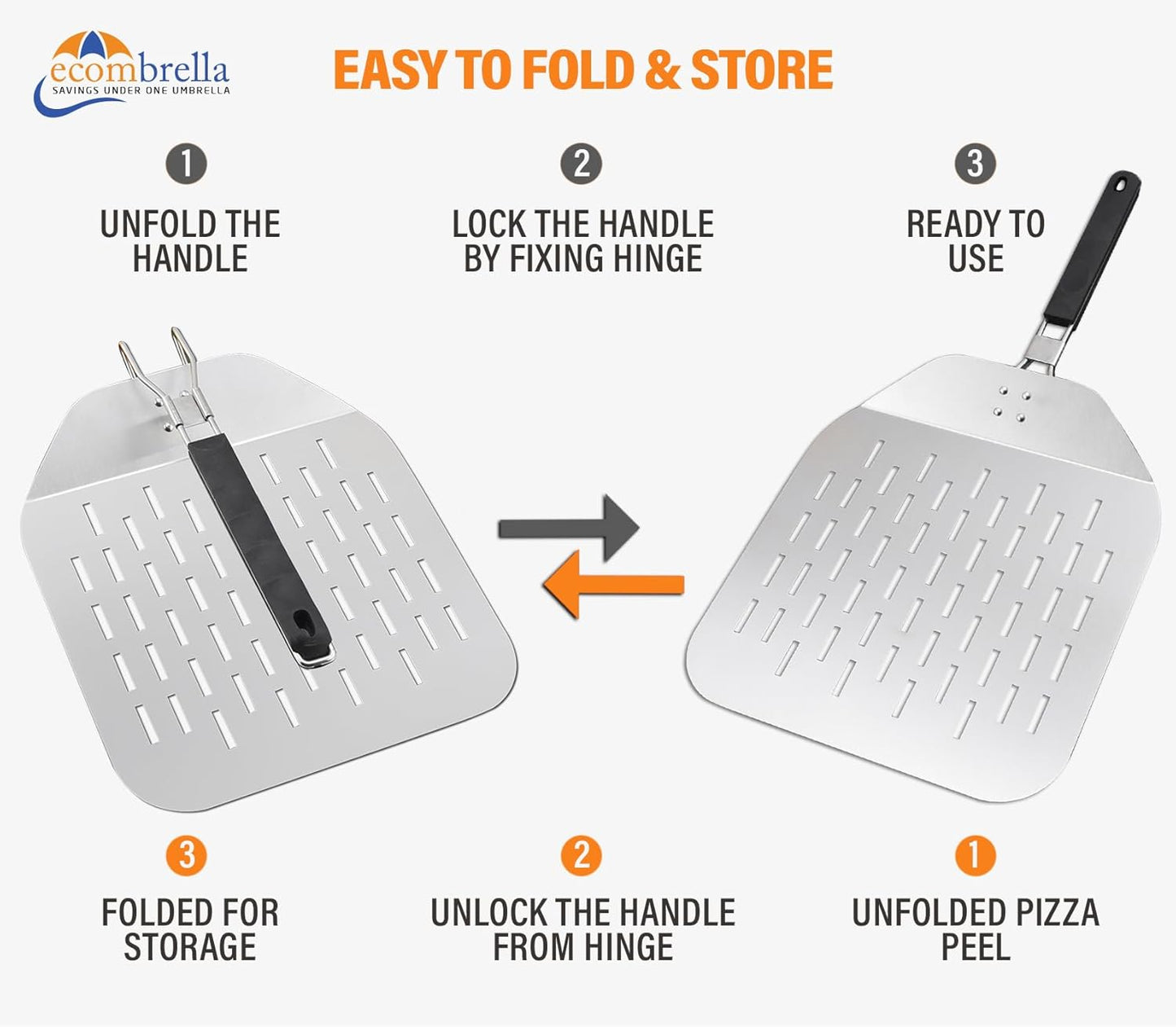 Perforated Pizza Peel 12 Inch with Foldable Handle – Stainless Steel Folding Pizza Peel with Anti-Fall Backstep – Non Stick Pizza Paddle for Effortless Transfer - Rust-Proof Perforated Peel