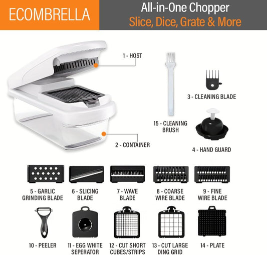 Vegetable Chopper Set of 15, Mandoline Slicer with Container – Mandoline Slicer for Kitchen with Razor Sharp Blades & Safety Lock - Veggie Chopper, Salad Chopper, Food Choppers & Dicers