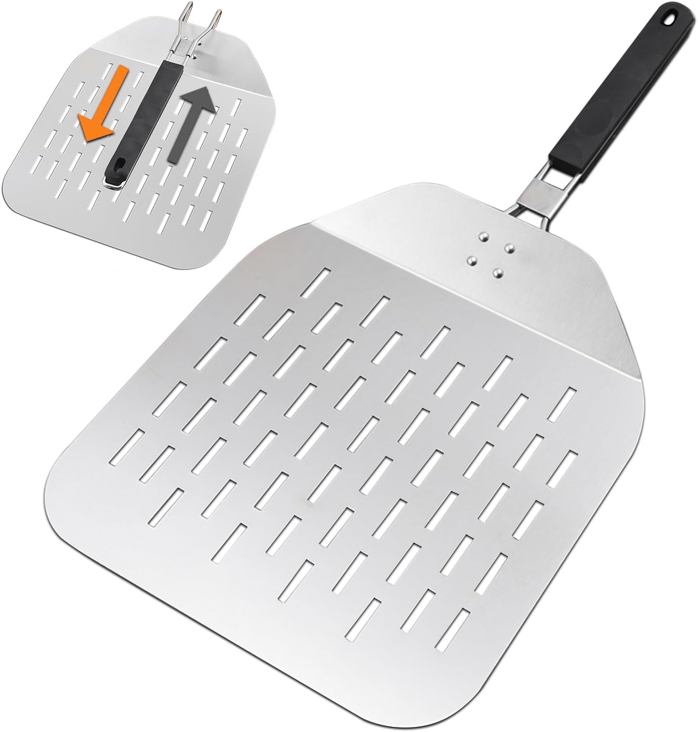 Perforated Pizza Peel 12 Inch with Foldable Handle – Stainless Steel Folding Pizza Peel with Anti-Fall Backstep – Non Stick Pizza Paddle for Effortless Transfer - Rust-Proof Perforated Peel