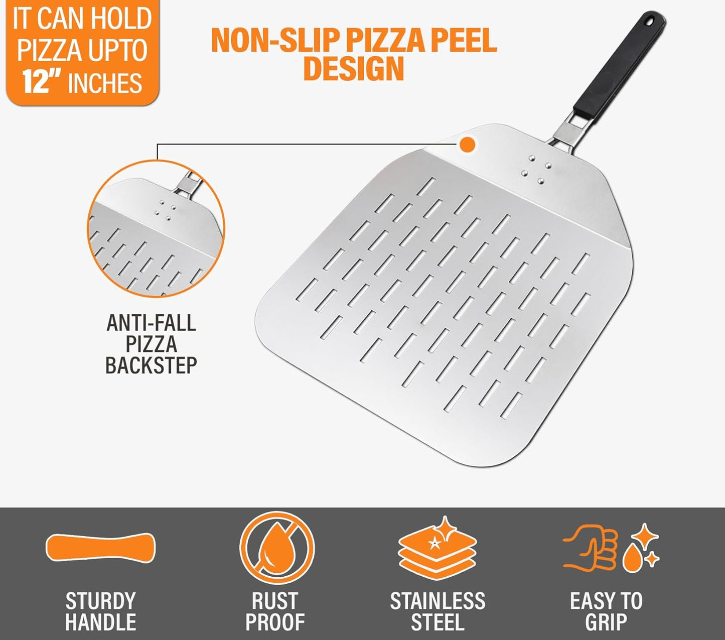 Perforated Pizza Peel 12 Inch with Foldable Handle – Stainless Steel Folding Pizza Peel with Anti-Fall Backstep – Non Stick Pizza Paddle for Effortless Transfer - Rust-Proof Perforated Peel