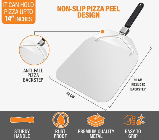 ECOMBRELLA Pizza Peel 12.5 x 14 Inch with Foldable Handle – Metal Folding Pizza Peel with Anti-Fall Backstep – Non Stick Pizza Paddle for Effortless Transfer - Rust Proof