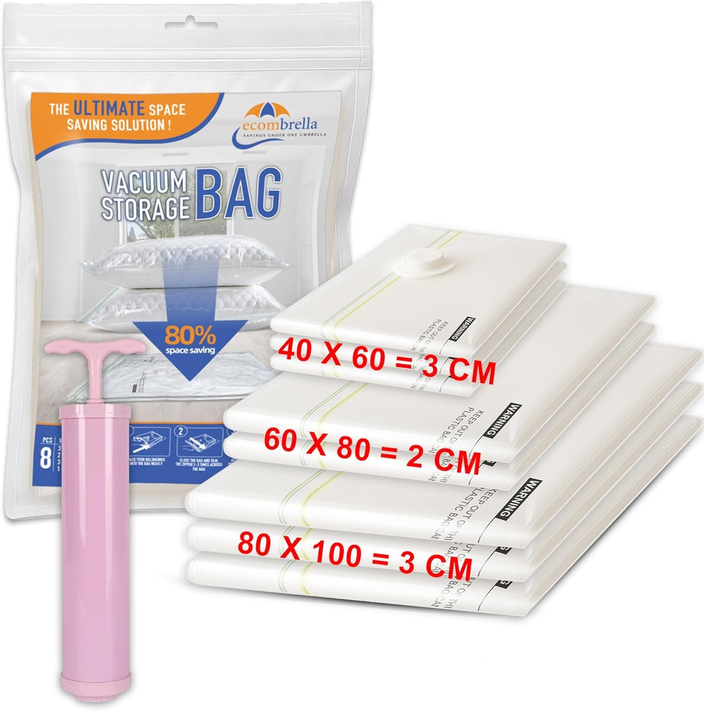 Ecombrella Vacuum Storage Bags with Hand Pump – Pack of 8 Compression Bags for Clothes, Travel & Moving – Vacuum Sealer Bags for Clothes Organizer & Storage