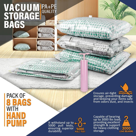 Ecombrella Vacuum Storage Bags with Hand Pump – Pack of 8 Compression Bags for Clothes, Travel & Moving – Vacuum Sealer Bags for Clothes Organizer & Storage