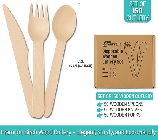 Ecombrella Birch Wood Cutlery Set - 150 Pieces (50 Spoons, 50 Forks, 50 Knives) - 100% Compostable, Sustainable, Disposable Wooden Utensils for Parties, Picnics, and Camping
