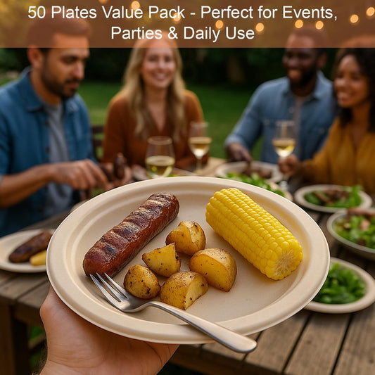 9 Inch Compostable Paper Plates - Heavy Duty Disposable Sugarcane Bagasse Plates - Unbleached, Microwave Safe, Hot & Cold Disposable Party Plates - Ecombrella 9 inch Round Plates 50 pcs 1 Set