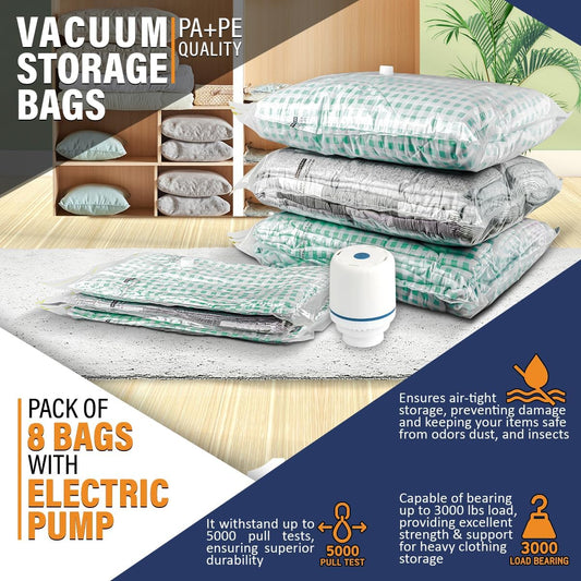 Vacuum Storage Bags with Electric Pump – Pack of 8 Compression Bags for Clothes, Travel & Moving – Vacuum Sealer Bags for Clothes Organizer & Storage