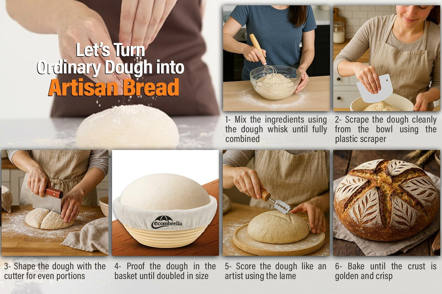 Sourdough Bread Starter Kit – Banneton Proofing Basket with Liner, Whisk, Bread Lame, Scrapers – Bread Proofing Basket for Sourdough Baking – Indonesian Rattan (9 Inch Round)