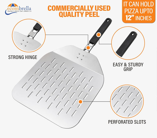 Perforated Pizza Peel 12 Inch with Foldable Handle – Stainless Steel Folding Pizza Peel with Anti-Fall Backstep – Non Stick Pizza Paddle for Effortless Transfer - Rust-Proof Perforated Peel