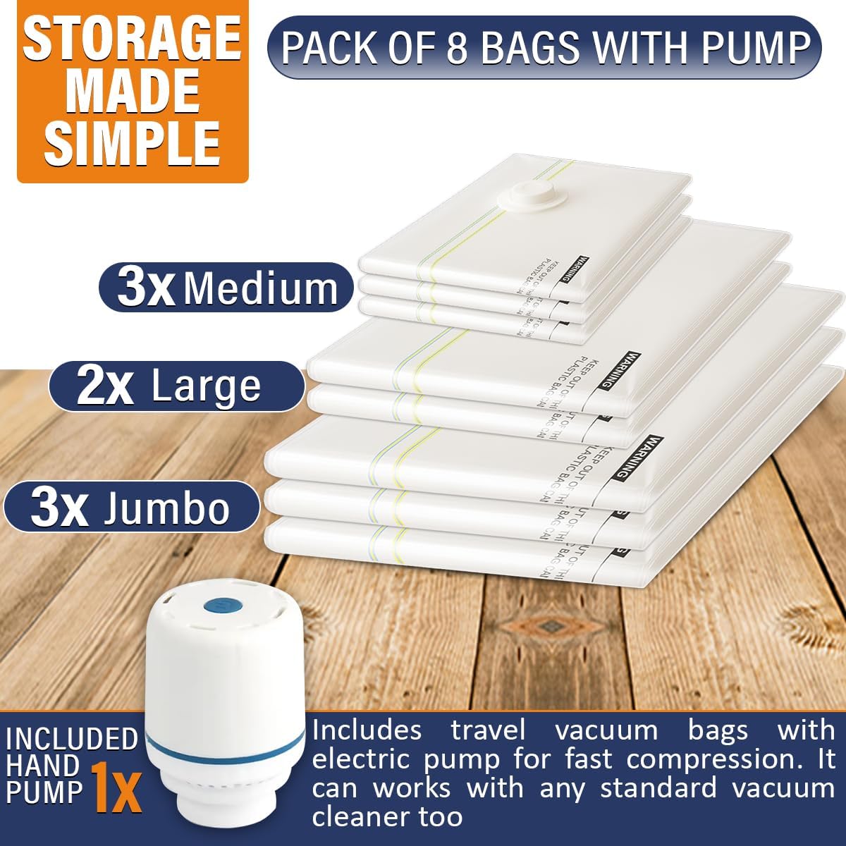 Vacuum Storage Bags with Electric Pump – Pack of 8 Compression Bags for Clothes, Travel & Moving – Vacuum Sealer Bags for Clothes Organizer & Storage