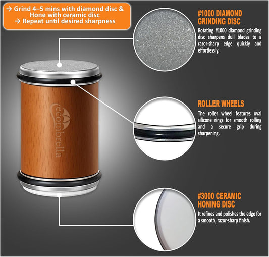 Rolling Knife Sharpener 1000/3000 - Beech Wood Knife Sharpener with 1000 Diamond Grinding Disc & 3000 Ceramic Honing Disc - Aiguiseur de Couteaux with 15 & 20 Degree Angles - Knife Sharpeners