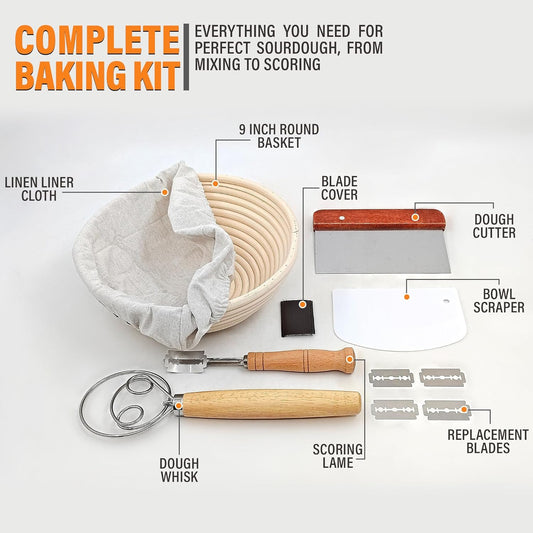 Sourdough Bread Starter Kit – Banneton Proofing Basket with Liner, Whisk, Bread Lame, Scrapers – Bread Proofing Basket for Sourdough Baking – Indonesian Rattan (9 Inch Round)