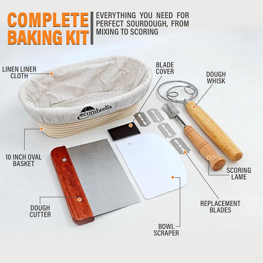 Sourdough Bread Starter Kit – Banneton Proofing Basket with Liner, Whisk, Bread Lame, Scrapers – Bread Proofing Basket for Sourdough Baking – Indonesian Rattan (10 Inch Oval)
