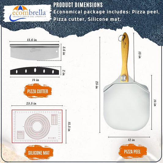 Pizza Peel 12 inch Aluminum with Foldable Wooden Handle | Pizza Rocker Cutter, Pizza Baking Mat | Pizza Peel with Accessories, Tools for Baking