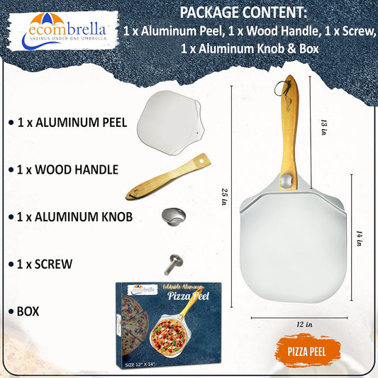 Pizza Peel 12 inch Aluminum Pizza Paddle with Foldable Wooden Handle (Only Pizza Peel)