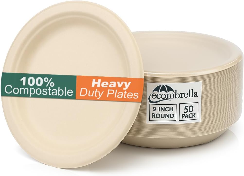 9 Inch Compostable Paper Plates - Heavy Duty Disposable Sugarcane Bagasse Plates - Unbleached, Microwave Safe, Hot & Cold Disposable Party Plates - Ecombrella 9 inch Round Plates 50 pcs 1 Set