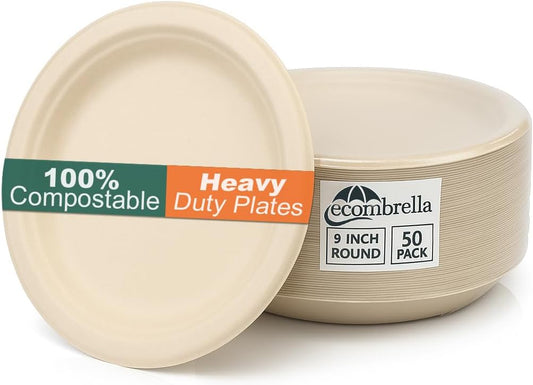 9 Inch Compostable Paper Plates - Heavy Duty Disposable Sugarcane Bagasse Plates - Unbleached, Microwave Safe, Hot & Cold Disposable Party Plates - Ecombrella 9 inch Round Plates 50 pcs 1 Set