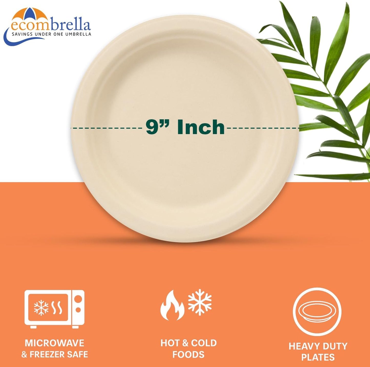 9 Inch Compostable Paper Plates - Heavy Duty Disposable Sugarcane Bagasse Plates - Unbleached, Microwave Safe, Hot & Cold Disposable Party Plates - Ecombrella 9 inch Round Plates 50 pcs 1 Set
