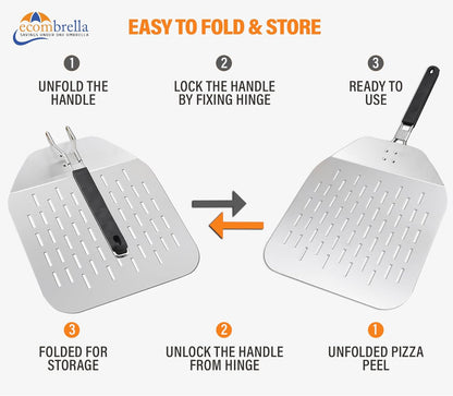 Perforated Pizza Peel 12 Inch with Foldable Handle – Stainless Steel Folding Pizza Peel with Anti-Fall Backstep – Non Stick Pizza Paddle for Effortless Transfer - Rust-Proof Perforated Peel