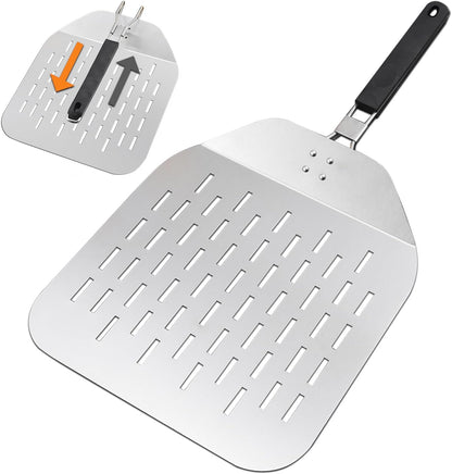 Perforated Pizza Peel 12 Inch with Foldable Handle – Stainless Steel Folding Pizza Peel with Anti-Fall Backstep – Non Stick Pizza Paddle for Effortless Transfer - Rust-Proof Perforated Peel
