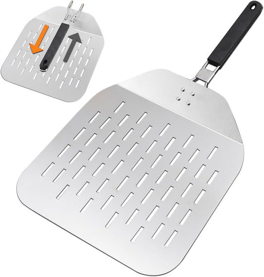 Perforated Pizza Peel 12 Inch with Foldable Handle – Stainless Steel Folding Pizza Peel with Anti-Fall Backstep – Non Stick Pizza Paddle for Effortless Transfer - Rust-Proof Perforated Peel