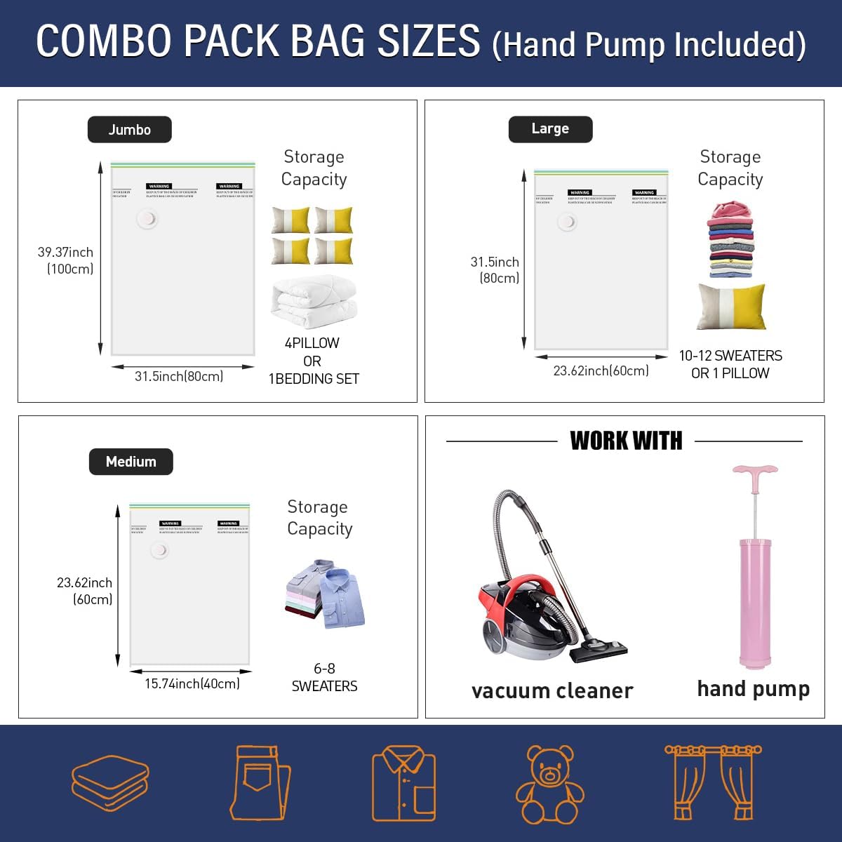 Ecombrella Vacuum Storage Bags with Hand Pump – Pack of 8 Compression Bags for Clothes, Travel & Moving – Vacuum Sealer Bags for Clothes Organizer & Storage