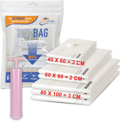 Ecombrella Vacuum Storage Bags with Hand Pump – Pack of 8 Compression Bags for Clothes, Travel & Moving – Vacuum Sealer Bags for Clothes Organizer & Storage