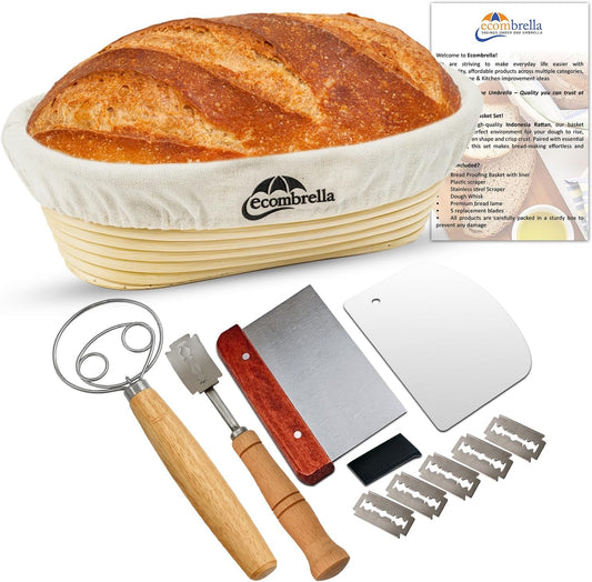 Sourdough Bread Starter Kit – Banneton Proofing Basket with Liner, Whisk, Bread Lame, Scrapers – Bread Proofing Basket for Sourdough Baking – Indonesian Rattan (10 Inch Oval)