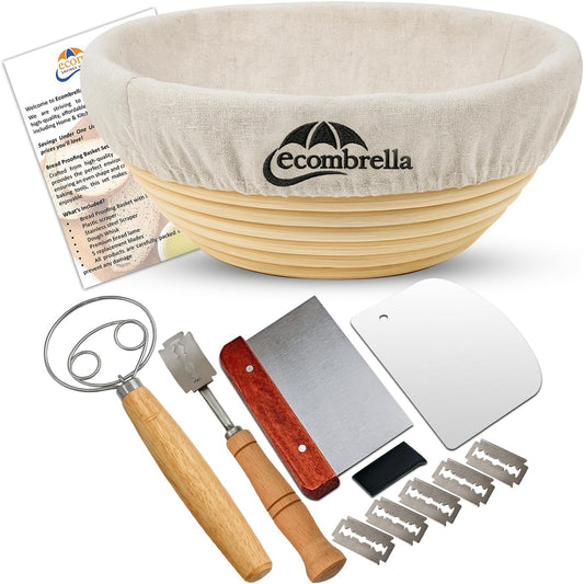 Sourdough Bread Starter Kit – Banneton Proofing Basket with Liner, Whisk, Bread Lame, Scrapers – Bread Proofing Basket for Sourdough Baking – Indonesian Rattan (9 Inch Round)