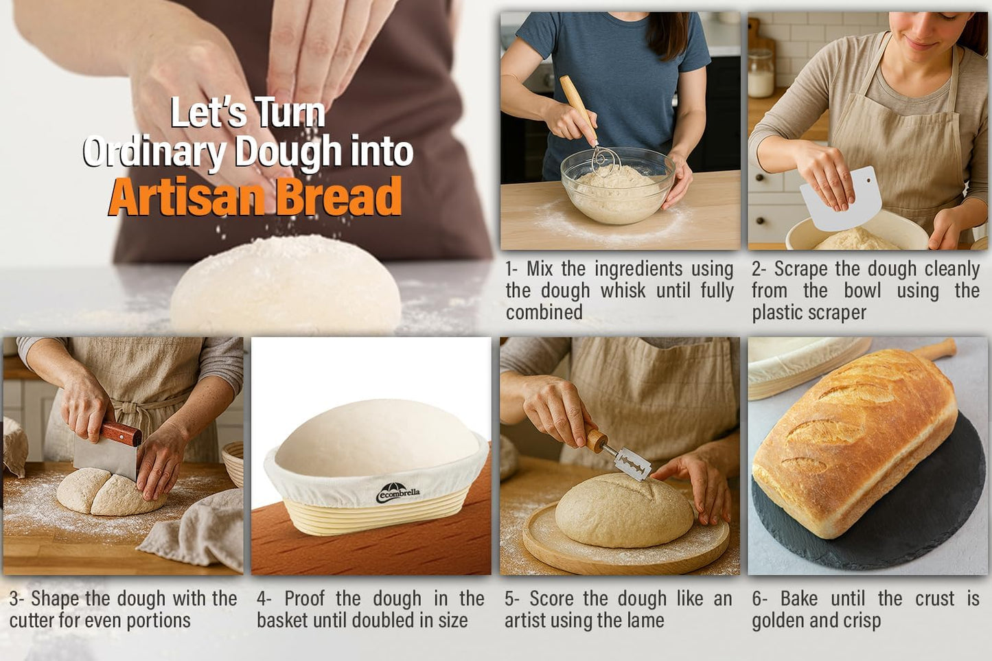 Sourdough Bread Starter Kit – Banneton Proofing Basket with Liner, Whisk, Bread Lame, Scrapers – Bread Proofing Basket for Sourdough Baking – Indonesian Rattan (10 Inch Oval)