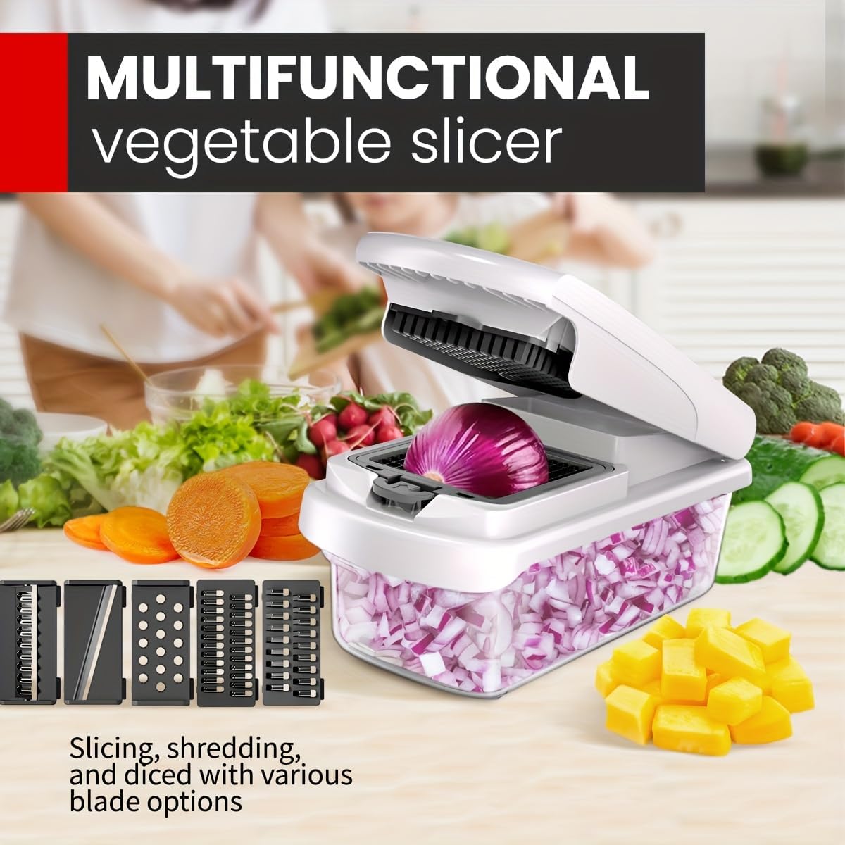 Vegetable Chopper Set of 15, Mandoline Slicer with Container – Mandoline Slicer for Kitchen with Razor Sharp Blades & Safety Lock - Veggie Chopper, Salad Chopper, Food Choppers & Dicers