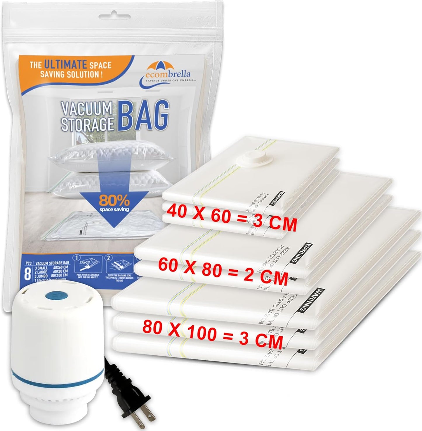 Vacuum Storage Bags with Electric Pump – Pack of 8 Compression Bags for Clothes, Travel & Moving – Vacuum Sealer Bags for Clothes Organizer & Storage