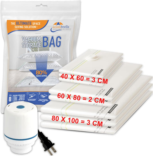 Vacuum Storage Bags with Electric Pump – Pack of 8 Compression Bags for Clothes, Travel & Moving – Vacuum Sealer Bags for Clothes Organizer & Storage