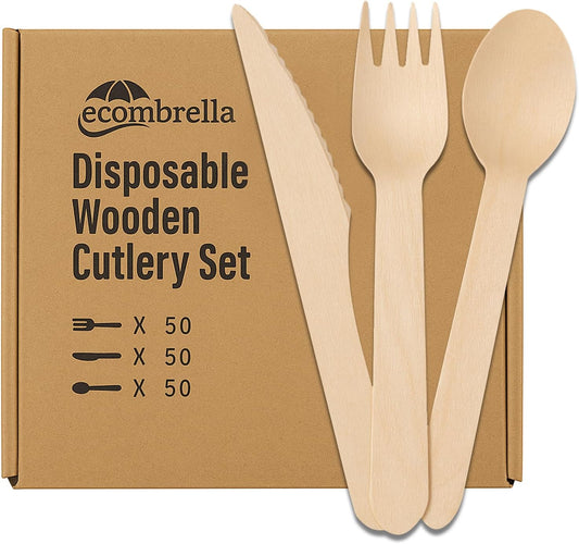 Ecombrella Birch Wood Cutlery Set - 150 Pieces (50 Spoons, 50 Forks, 50 Knives) - 100% Compostable, Sustainable, Disposable Wooden Utensils for Parties, Picnics, and Camping