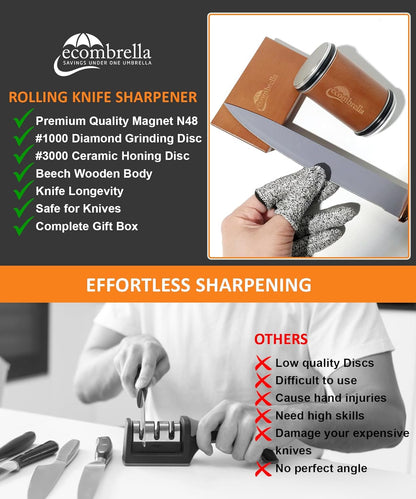 Rolling Knife Sharpener 1000/3000 - Beech Wood Knife Sharpener with 1000 Diamond Grinding Disc & 3000 Ceramic Honing Disc - Aiguiseur de Couteaux with 15 & 20 Degree Angles - Knife Sharpeners