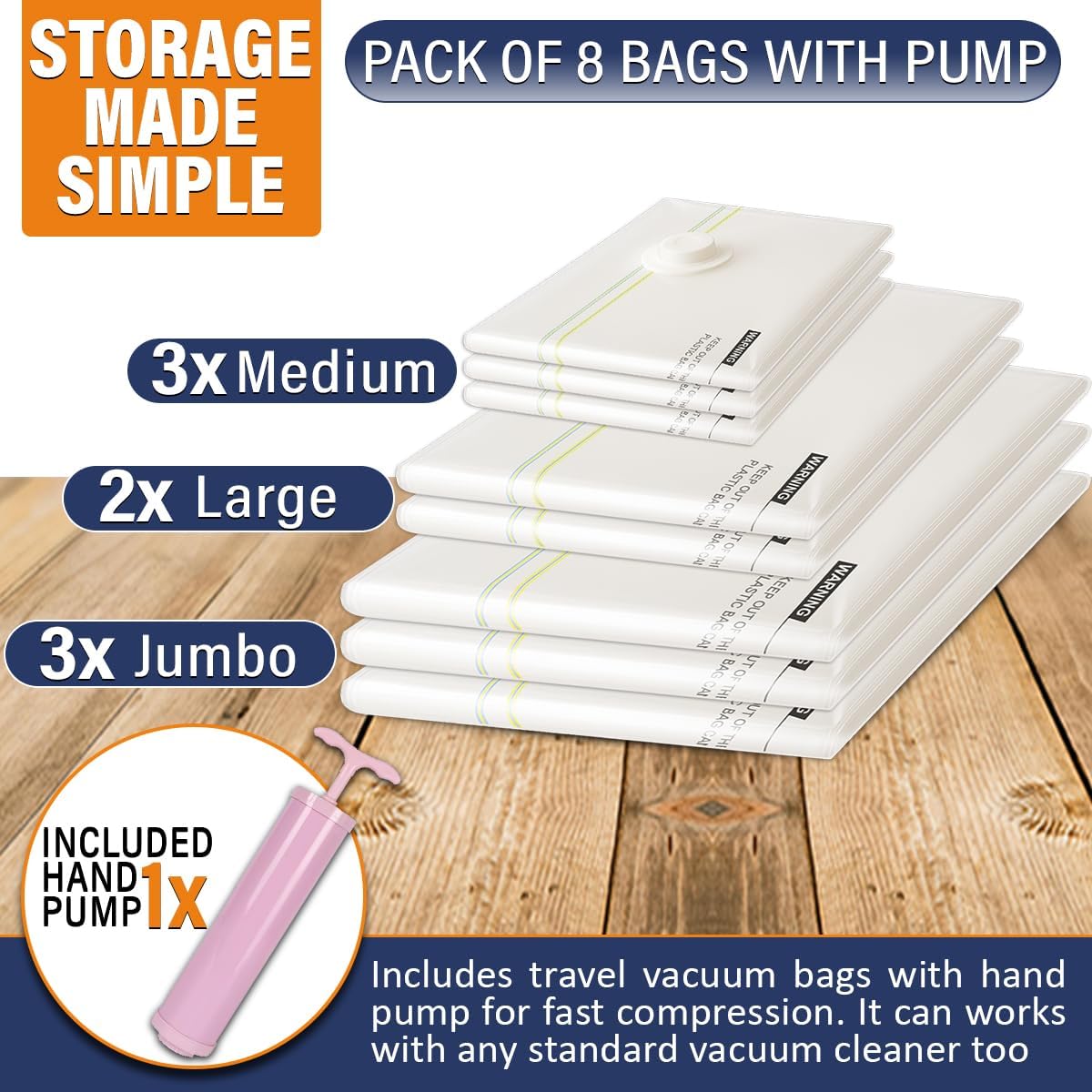 Ecombrella Vacuum Storage Bags with Hand Pump – Pack of 8 Compression Bags for Clothes, Travel & Moving – Vacuum Sealer Bags for Clothes Organizer & Storage