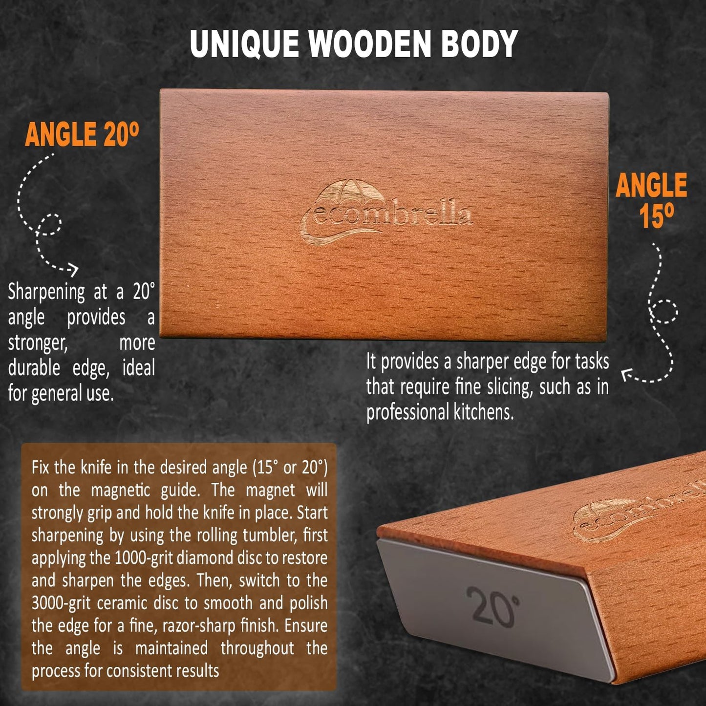 Rolling Knife Sharpener 1000/3000 - Beech Wood Knife Sharpener with 1000 Diamond Grinding Disc & 3000 Ceramic Honing Disc - Aiguiseur de Couteaux with 15 & 20 Degree Angles - Knife Sharpeners