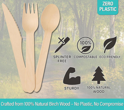 Ecombrella Birch Wood Cutlery Set - 150 Pieces (50 Spoons, 50 Forks, 50 Knives) - 100% Compostable, Sustainable, Disposable Wooden Utensils for Parties, Picnics, and Camping