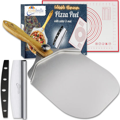 Pizza Peel 12 inch Aluminum with Foldable Wooden Handle | Pizza Rocker Cutter, Pizza Baking Mat | Pizza Peel with Accessories, Tools for Baking