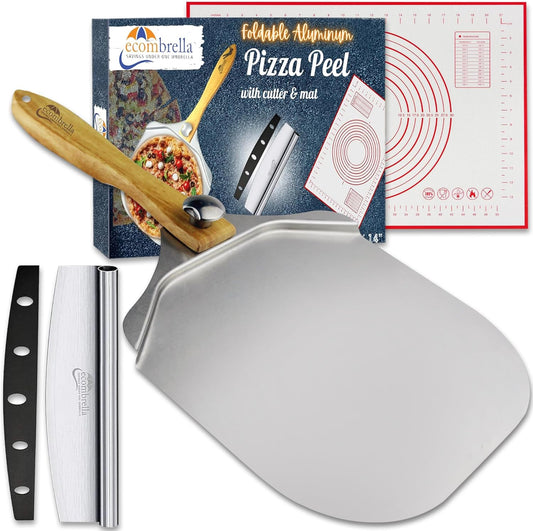Pizza Peel 12 inch Aluminum with Foldable Wooden Handle | Pizza Rocker Cutter, Pizza Baking Mat | Pizza Peel with Accessories, Tools for Baking