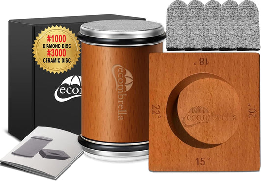 Rolling Knife Sharpener 1000/3000 Disc - Beech Wood Knife Sharpener with 1000 Diamond Grinding Disc & 3000 Ceramic Honing Disc - 4 Angles 15° 18° 20° & 22° Rolling Knife Sharpener for Straight Edge